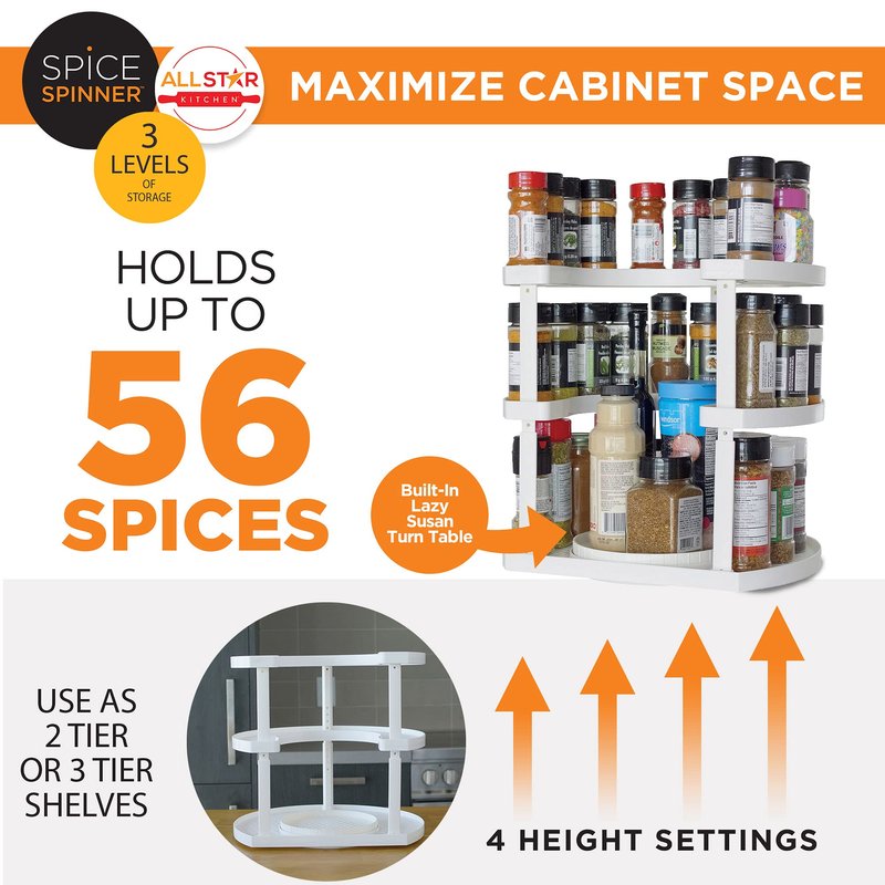 Allstar Innovations Spice Spinner Three-Tiered Spice Organizer & Holder That Saves Space, Keeps Everything Neat, Organized & Within Reach With Dual Spin Turntables White- 3 Tier