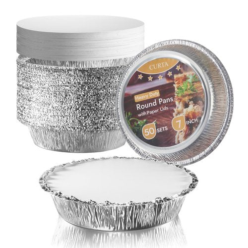 CURTA 50 Pack 7" Disposable Aluminum Foil Pans with Paper Lids | Great for Broiling, Baking, Storage, Roasting, Takeout, Air Fryer