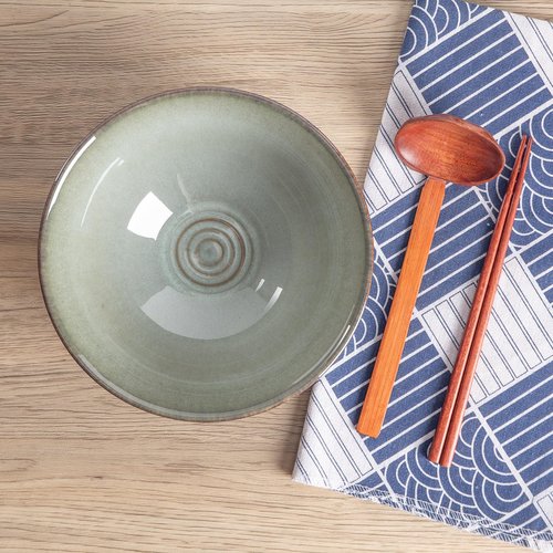 Tacuhy 40oz Japanese Ceramic Ramen Bowl Set of 2 with Chopsticks and Spoons for Pho Udon Asian Soup Noodles (Grayish Green)