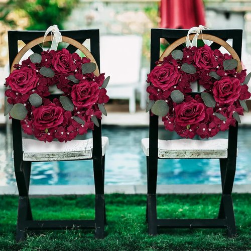 Artificial Flower Candle Rings - 6-Inch Burgundy Rose Floral Wreaths with Butterflies for Weddings & Events