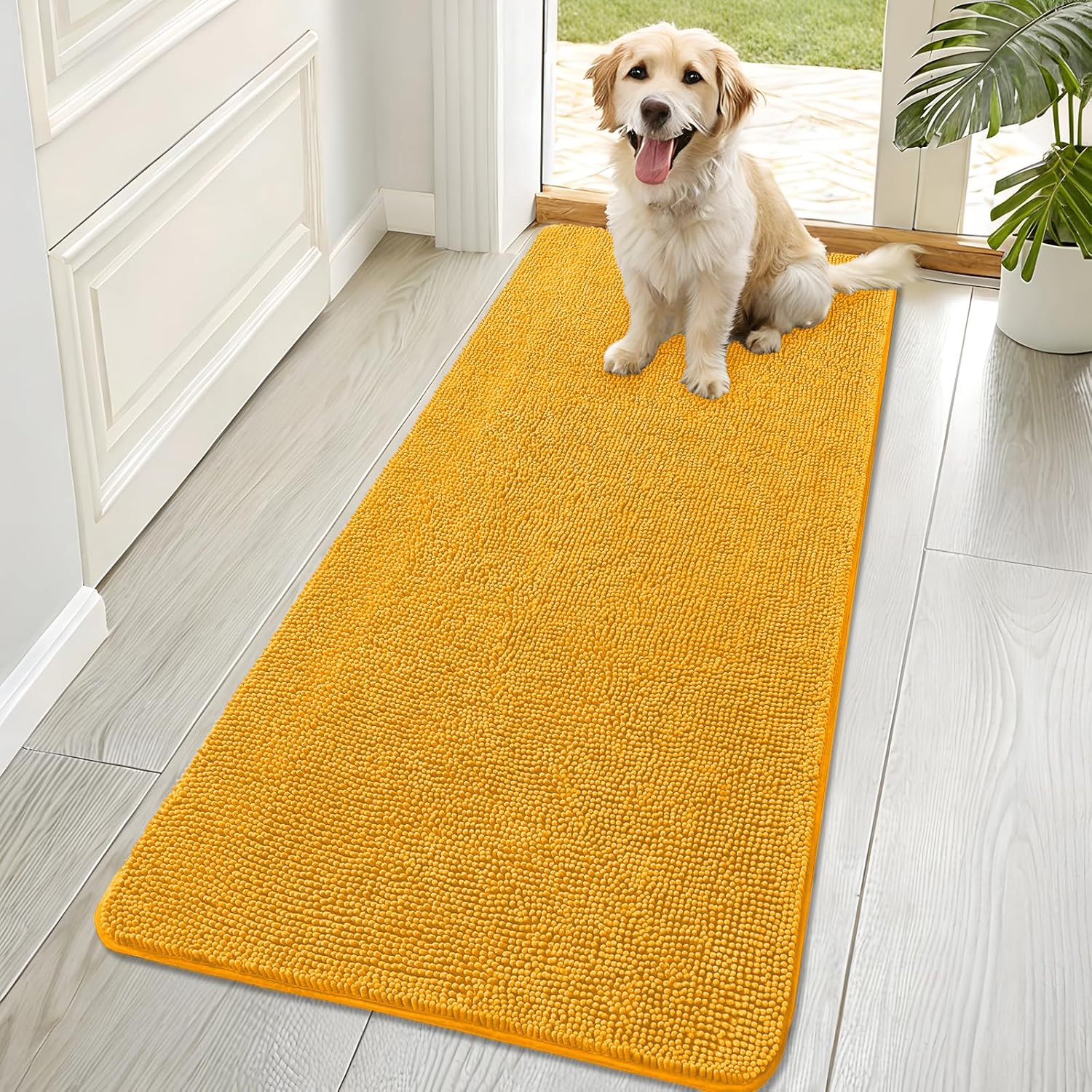 OLANLY Dog Door Mat - Absorbent Non-Slip Chenille for Muddy Paws | 70x32 Golden Yellow Indoor Carpet