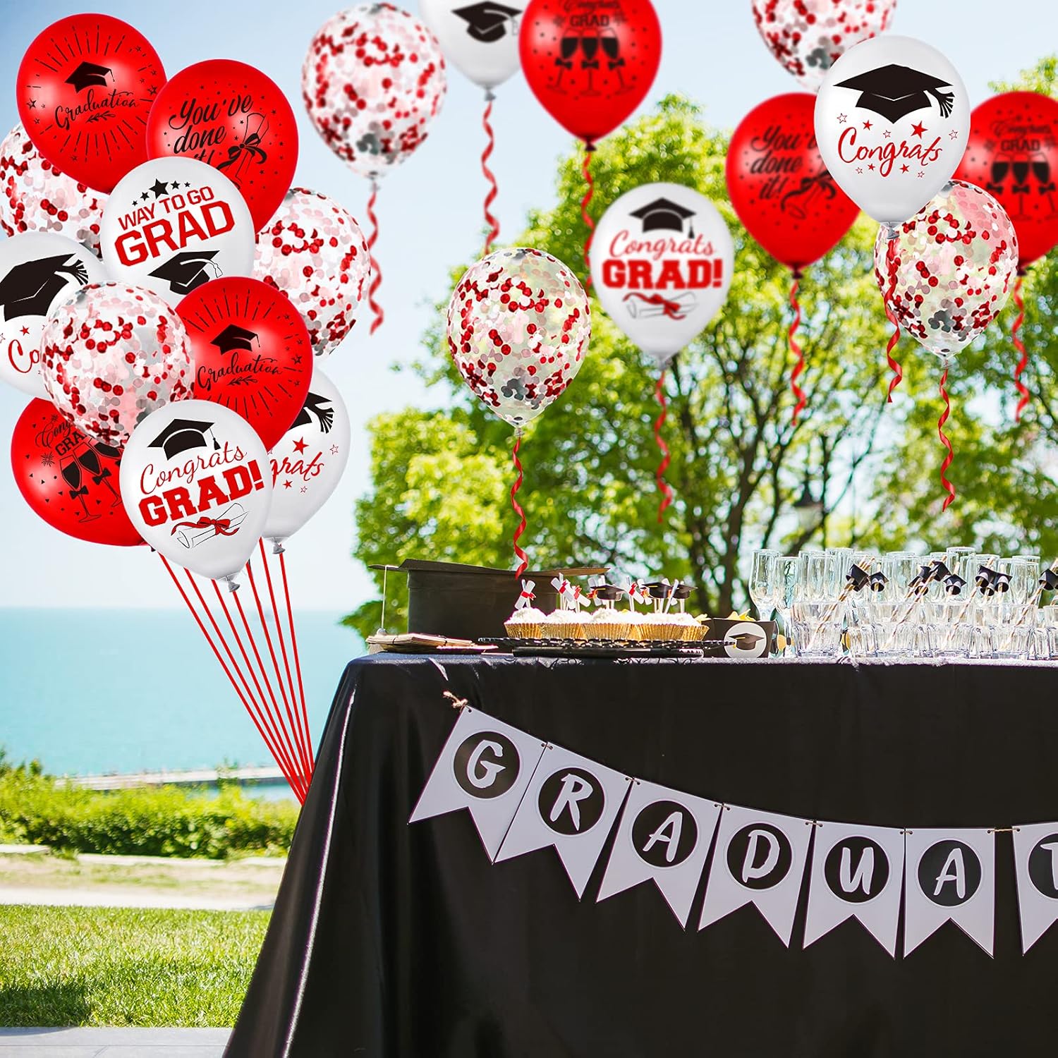 Whaline Graduation Party Balloons Set - 60 Pcs Confetti Latex Balloons with Red Ribbon | Red & White Designs