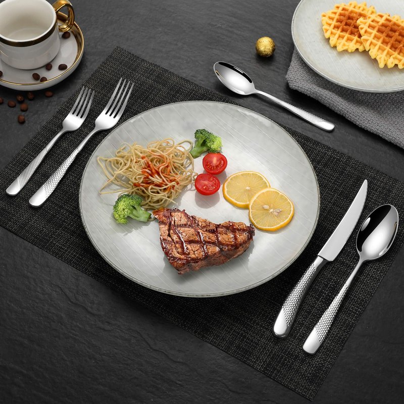 Lemeya 40-Piece Hammered Silverware Set for 8,18/10 Stainless Steel Flatware Set with Serrated Forged Knives,Heavy Duty Cutlery Set for Home & Party Restaurant,Mirror Polished, Dishwasher Safe