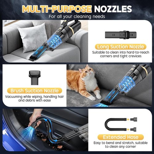 JONYJ Cordless Handheld Vacuum - 16000PA Strong Suction, Portable & Rechargeable with Multi-Nozzles | Ideal for Home, Car & Pets