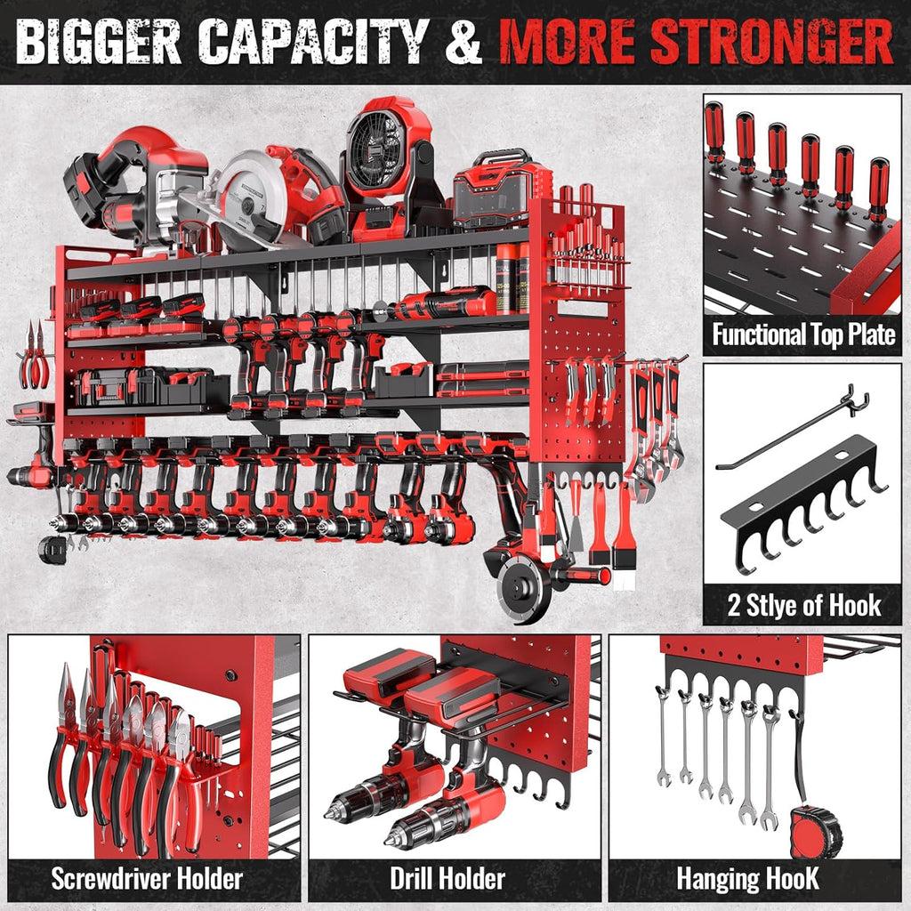 Super Large Power Tool Organizer - 4-Layer Heavy Duty Wall Mount with 18 Cordless Drill Holders | 600 lb Capacity (Red)