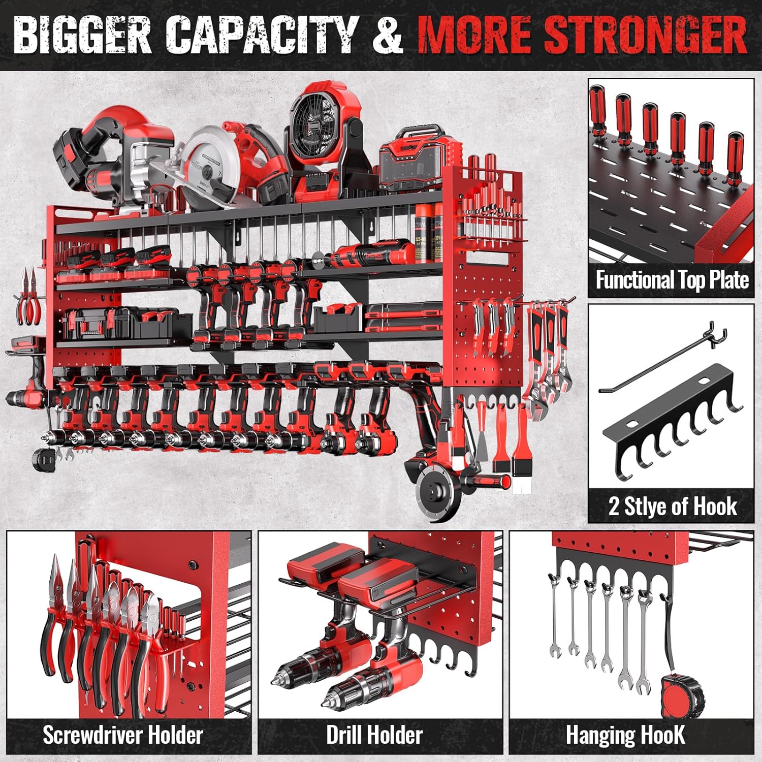 Super Large Power Tool Organizer - 4-Layer Heavy Duty Wall Mount with 18 Cordless Drill Holders | 600 lb Capacity (Red)