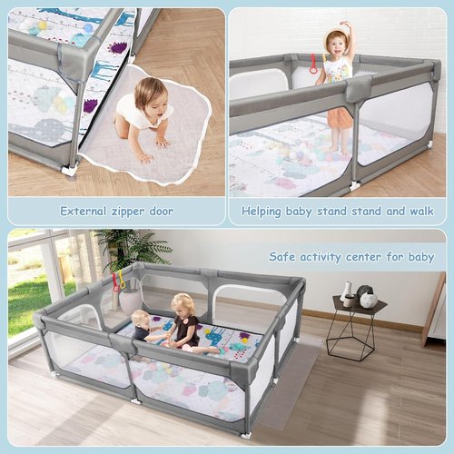 JINXIA Baby Playpen - Large 50" x 50" Soft Mesh Safety Play Yard for Indoor & Outdoor Fun - Grey