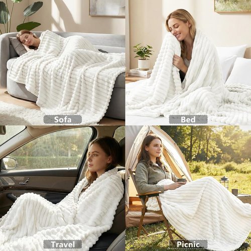 HIMEET Off White Ribbed Queen Size Blanket - 300GSM Lightweight Fleece for Home Decor | 90x90 Inches