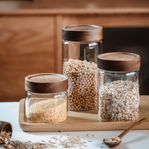 MOLADRI 50 fl oz/1500 ml Clear Glass Storage Canister with Airtight Wooden Screw Lid, Large Tall Cute Decorative Glass Food Container Jar for Coffee, Candy, Cereal, Cookie, Pasta, Flour, Juices
