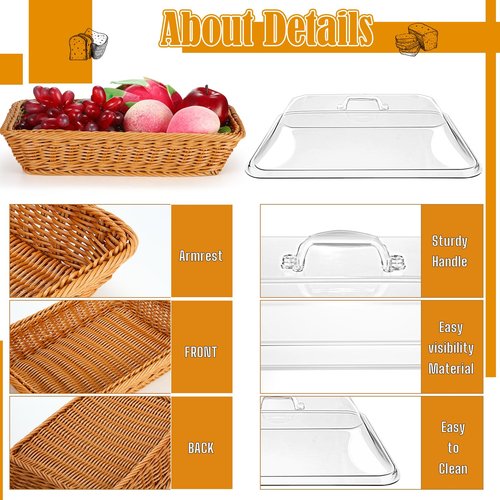 Ziliny 2 Pack Wicker Bread Basket for Serving, Imitation Rattan Bread Basket with Acrylic Lid and Metal Display Stand Rectangle Woven Fruit Basket with Cover for Food Display Tabletop 13.78 x 9.84''