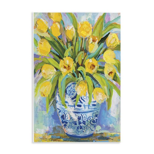 Stupell Industries Expressive Yellow Tulips in Ornate Blue Vase Painting Wall Plaque, 13 x 19