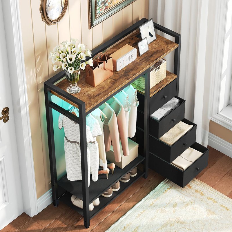 YATINEY Bedroom Dresser with Clothes Rack, 4 Drawer Dresser with Charging Station and LED Light, Chest of Drawers for Bedroom, Closet Organizer with Hanging Rack and 2-Tier Shoe Rack, Rustic Brown