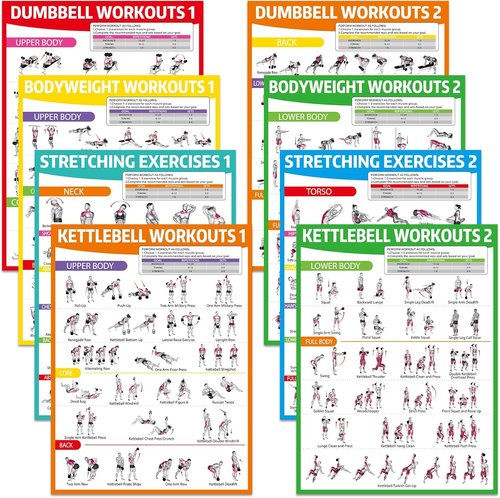 **Gisgfim 8PCS Workout Posters - Full Body Exercise Charts for Home Gym | Laminated Dumbbell, Bodyweight & Kettlebell Training**