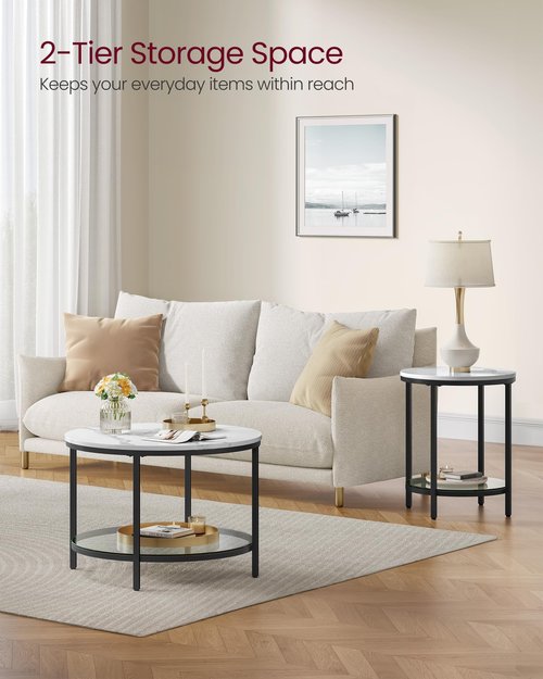 VASAGLE Round Coffee Table, 2-Tier Small Coffee Table with Faux Marble Top and Glass Shelf, Modern Style, for Living Room, 25.6 x 25.6 x 18.1 Inches, Marble White and Ink Black ULCT072W13