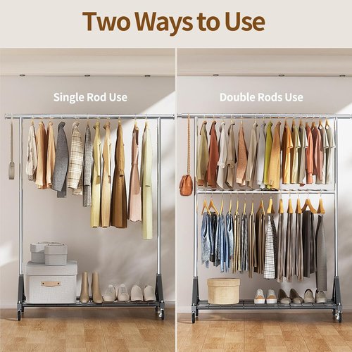 Luxspire Heavy Duty Clothes Rack - 600 LBS Capacity, Double Rod Design, Adjustable Shelves & Lockable Wheels
