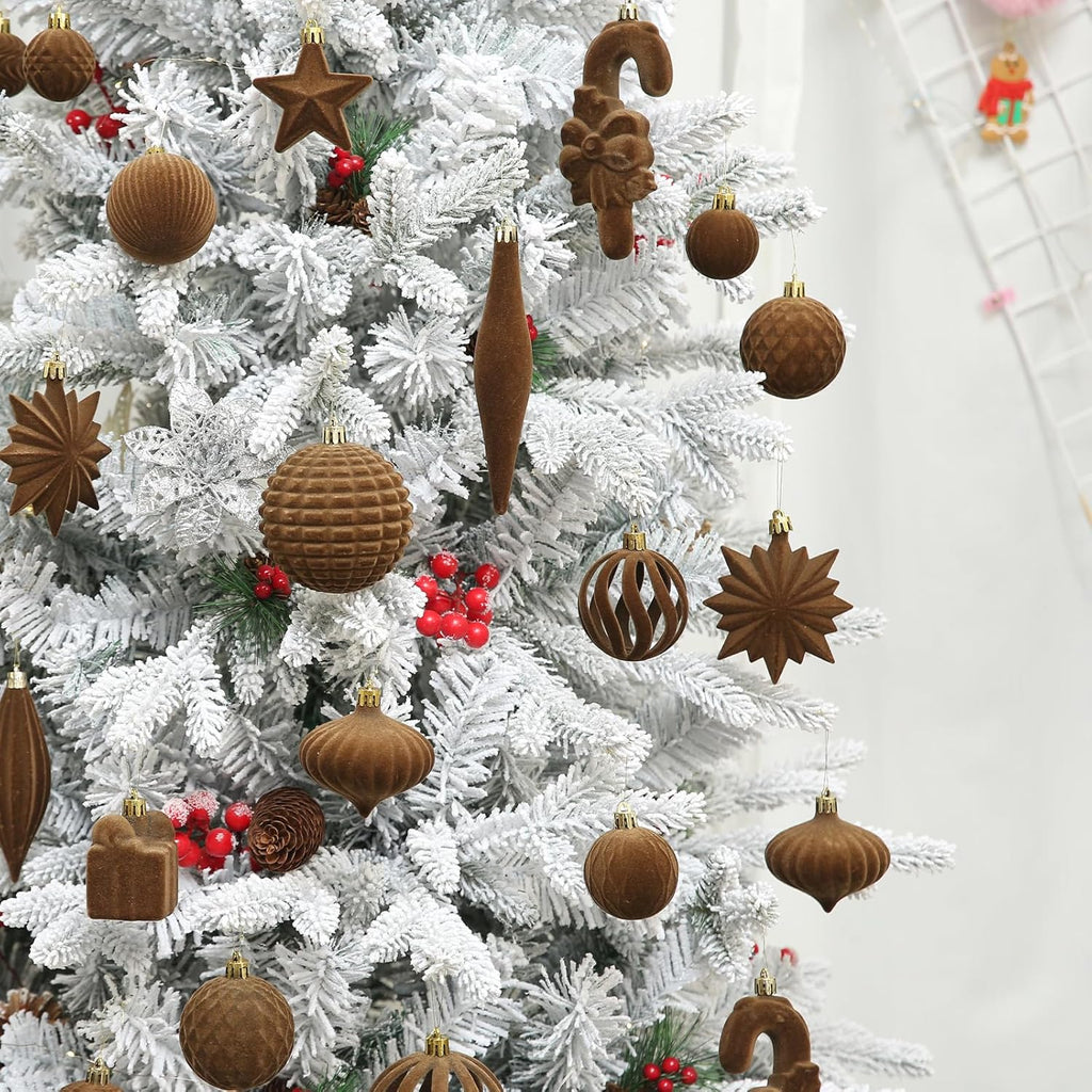 Skiennix 50 Pcs Brown Velvet Christmas Balls - Flocked Ornaments for Tree Decor & Holiday Parties