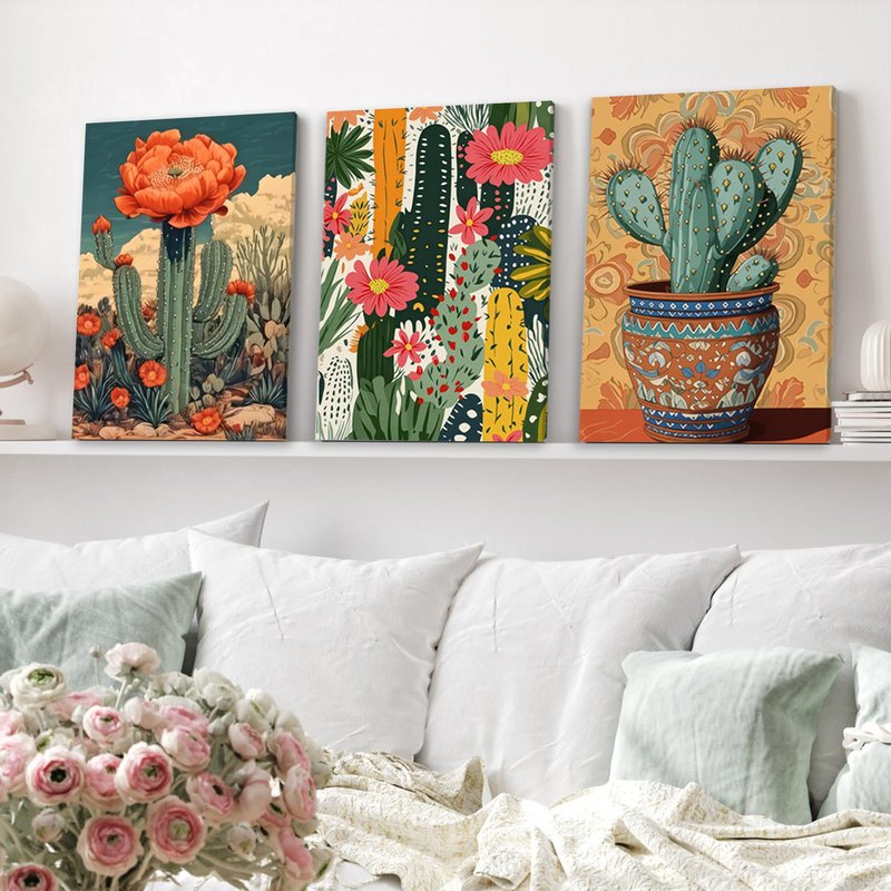 Ovczax Bohemian Style Decorative Paintings, Mexican Cactus Flowers Wall Paintings, Desert Plants Prints 3 - Piece Art Set For Home Office, Bedroom And Living Room 24" x 16"