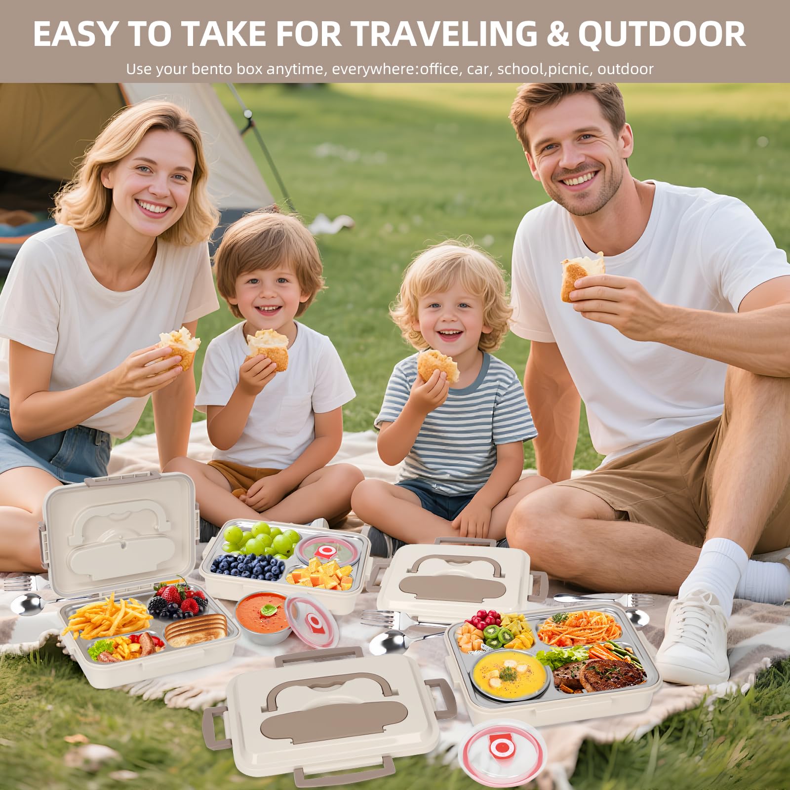 AGNDTXR 304 stainless steel lunch box，Sealed leak-proof，Adult men and women are all applicable，Four compartments，Equipped with soup bowls，It is also equipped with forks and spoons. (white)