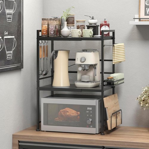 DOLALIKE Microwave Oven Rack - Expandable Kitchen Storage Stand with 6 Hooks | Carbon Steel Countertop Organizer