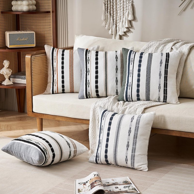 Boho Pillow Covers 18x18 Square Farmhouse Decorative Cushion Case Striped Square Cushion Cover Cozy Soft Neutral Throw Western Pillows Protector Modern Decorative for Couch Sofa Bed, Set of 2
