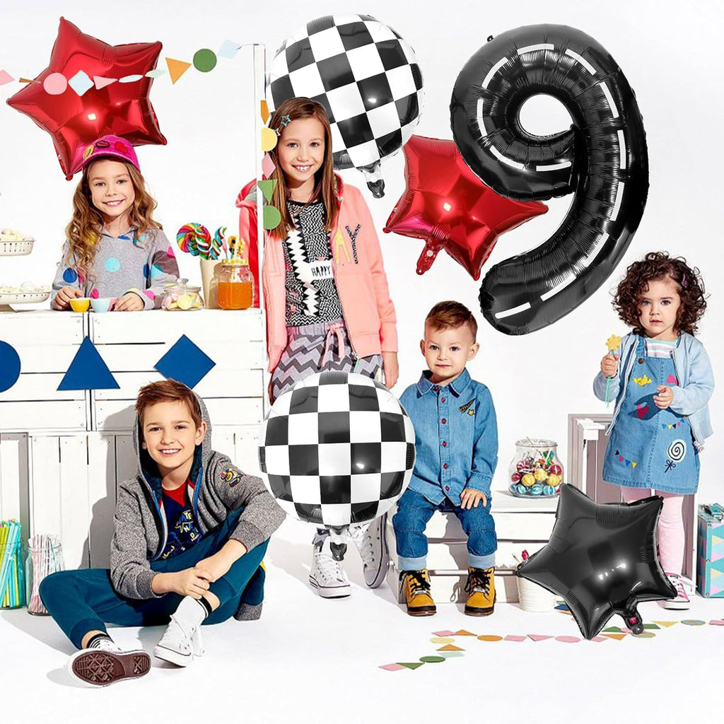 Race Car 9 Balloons - 40 Inch Checkered Flag Number 9 Balloon for Boys' 9th Birthday Party Supplies
