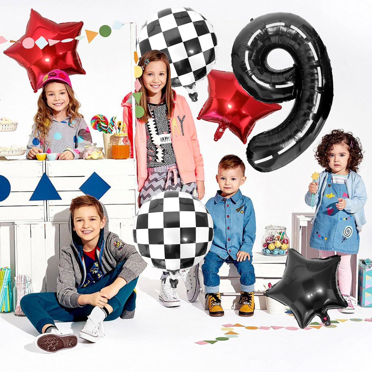 Race Car 9 Balloons - 40 Inch Checkered Flag Number 9 Balloon for Boys' 9th Birthday Party Supplies