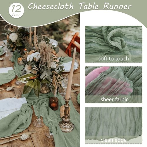 12 Pack 13Ft Cheesecloth Table Runner 35x157 Inch Boho Gauze Table Runner Cheese Cloth Long Rustic Table Runners for Wedding Bridal Shower Birthday Party Table Decor (Dusty Sage Green)
