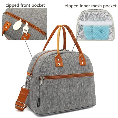 FlowFly Insulated Lunch Bag With Shoulder Strap for Women, Men, and Kids, Large and Reusable, Handle, Freezable Work and School Travel Tote and Meal Prep Organizer,Grey