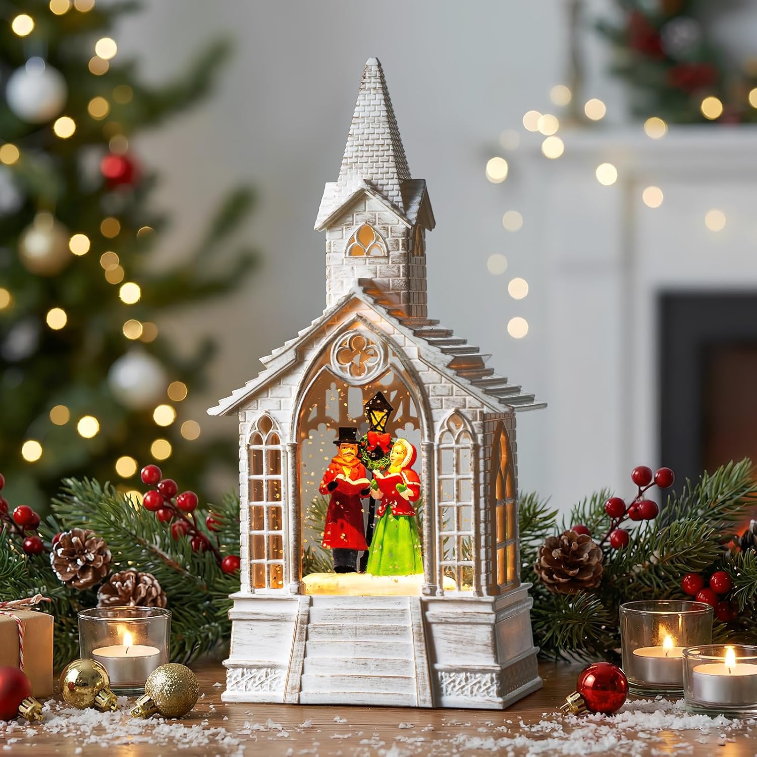 Skiennix Christmas Village Snow Globe - Church Choir Water Lantern with Silent Night Music | Holiday Decor Gift for Family & Friends