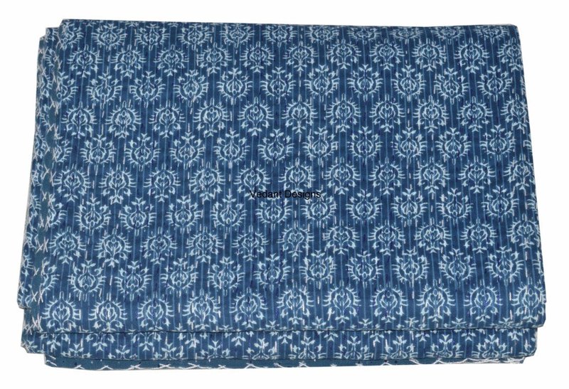 Vedant Designs Indigo Blue Cotton Kantha Quilt Twin Bedspread 90x60 Inch,Blue