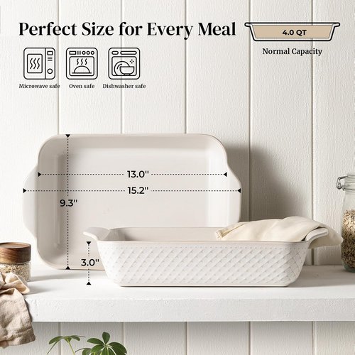 DOWAN 9x13 Deep Lasagna Baking Dish - Durable Ceramic Casserole Pan with Handles | 4 Quarts, Oven Safe, Arctic White