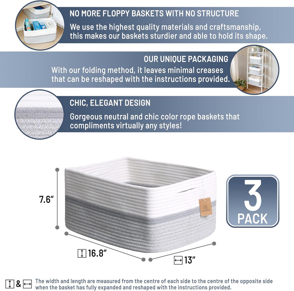 NaturalCozy Storage Baskets - 3-Pack Cotton Rope Organizing Bins | 16.8”x13”x7.6” for Toys, Laundry, and More