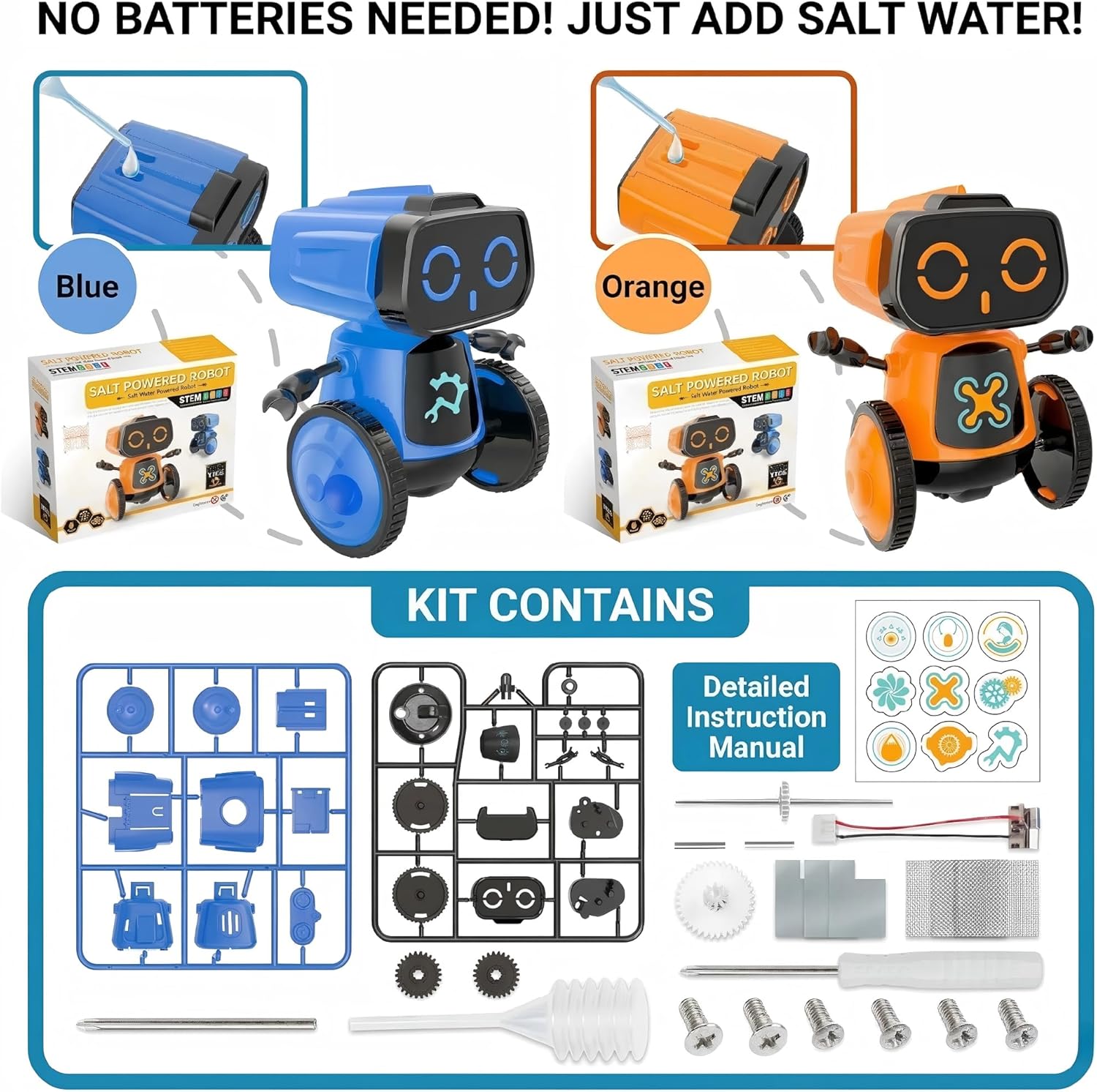 Science Saltwater-Powered Robot Kit - DIY STEM Toy for Creative Experiments | Eco-Friendly Gift for Kids (Blue)