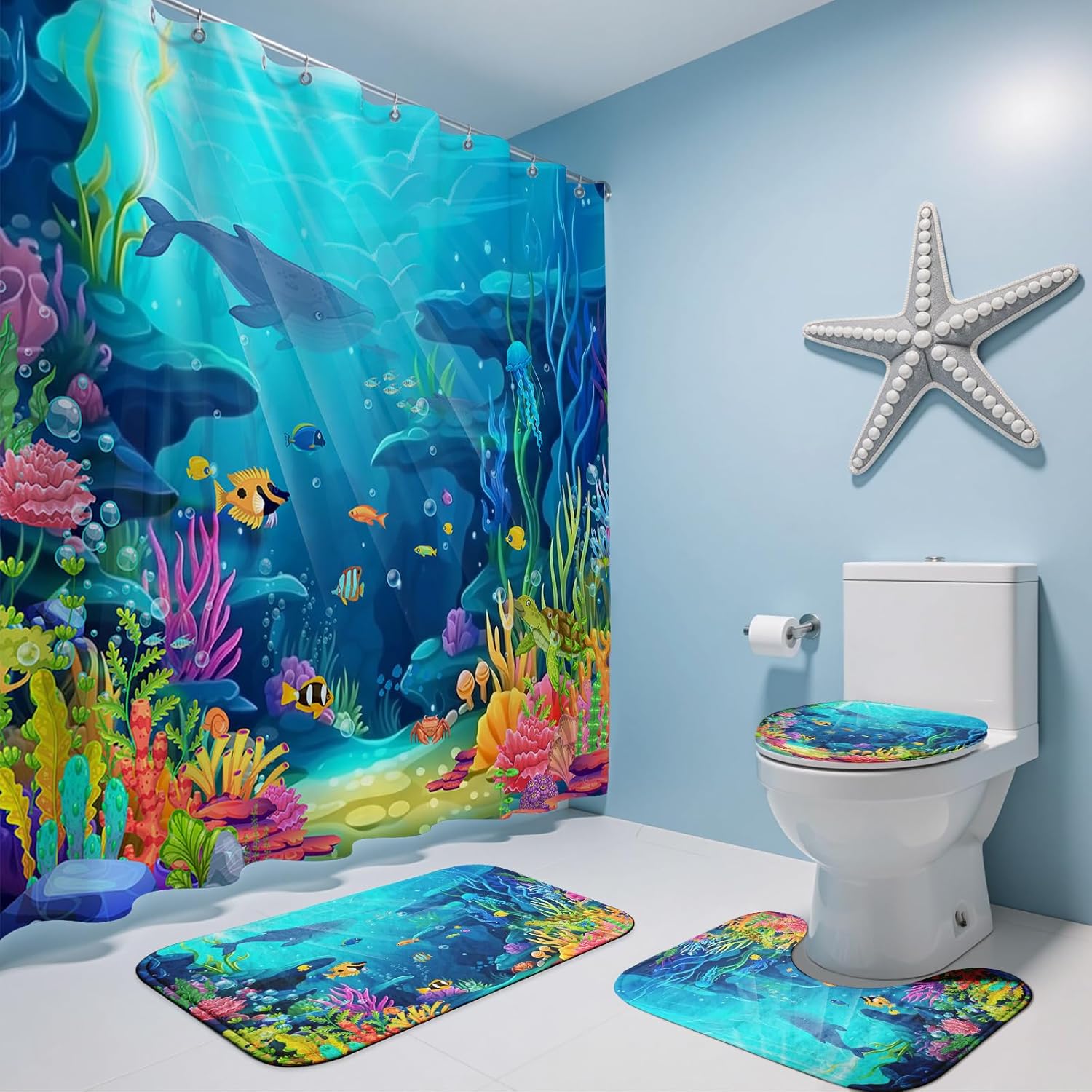 Skiennix Ocean Shower Curtain Set - Tropical Underwater World Design with Non-Slip Bath Rugs & Toilet Lid Cover | 4-Piece Kids Bathroom Decor