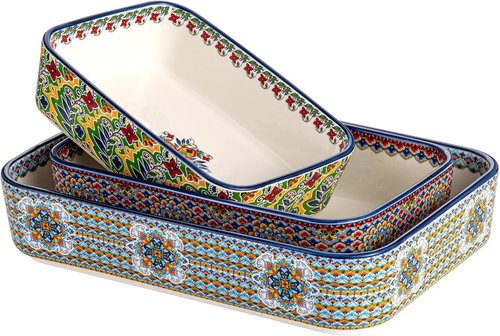 Boho Style Ceramic Baking Dishes Set of 3 | Rectangular Casserole Pans for Oven & Roasting