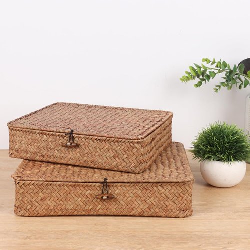 Moosky Flat Wicker Shelf Baskets - Handwoven Seagrass Storage Bins with Lid | Set of 2, Coffee Color