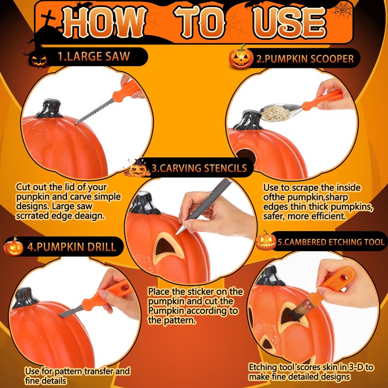 Ripeng 54 Pcs 6 Set Halloween Pumpkin Carving Kit Professional Heavy Duty Carving Tools Set Included Stainless Steel Pumpkin Tools with Storage Bag Bucket Stencils for Party Halloween Decor