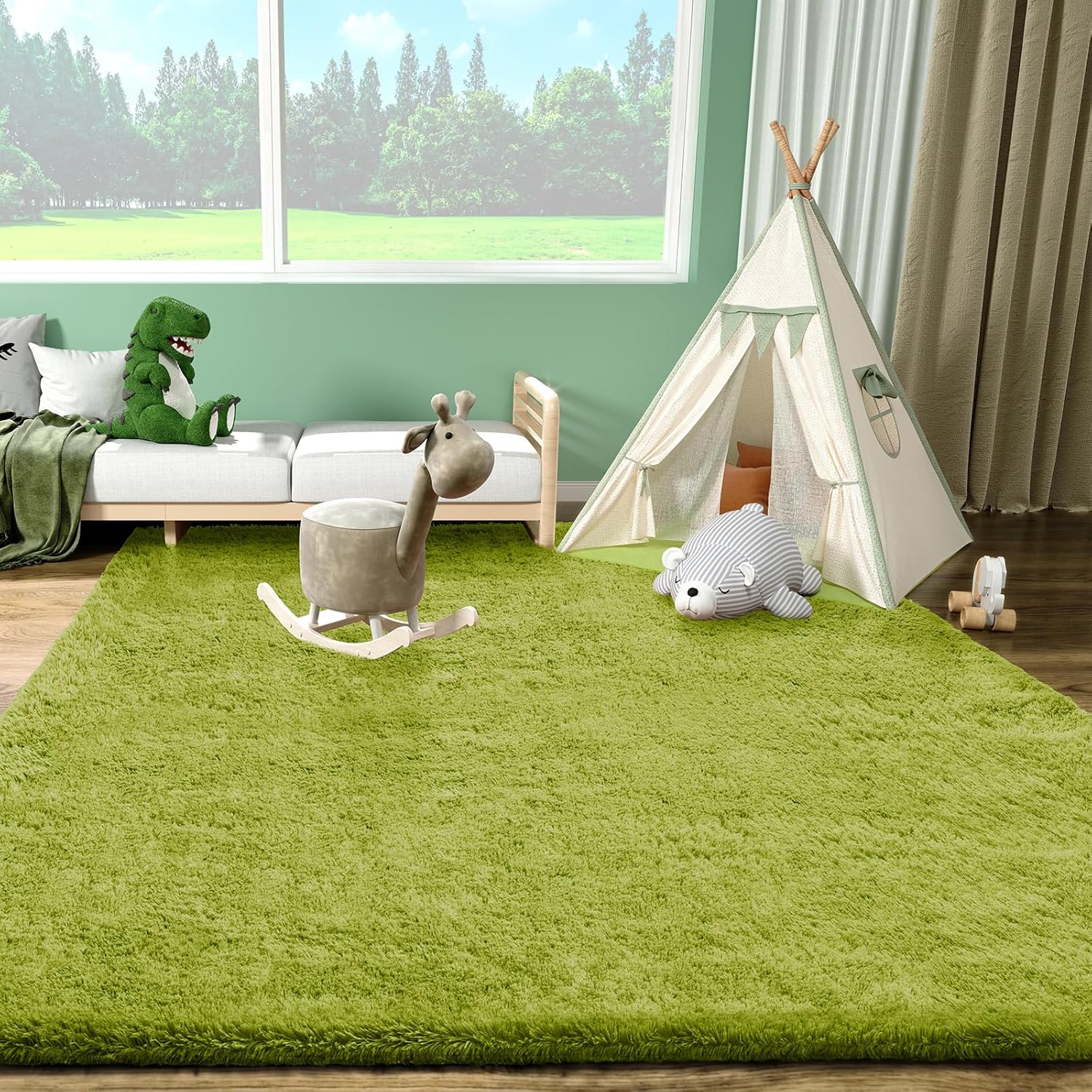 Ophanie Green Area Rug - Soft Fluffy Shag Carpet for Bedroom | 4x6 Cute Indoor Floor Decor