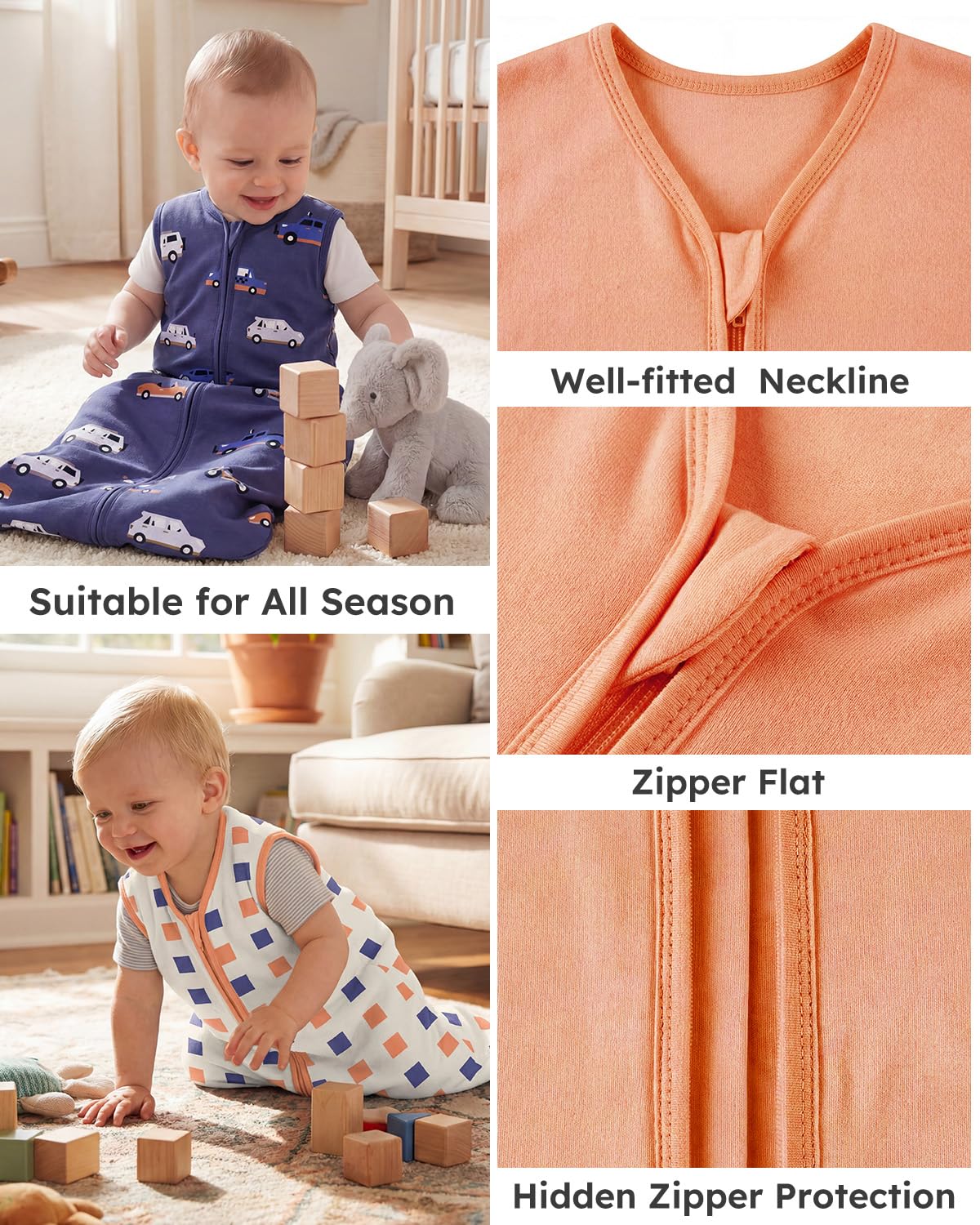 Yoofoss Baby Sleep Sack | 100% Organic Cotton Wearable Blanket for 12-18 Months | 2-Way Zipper, 3 Pack