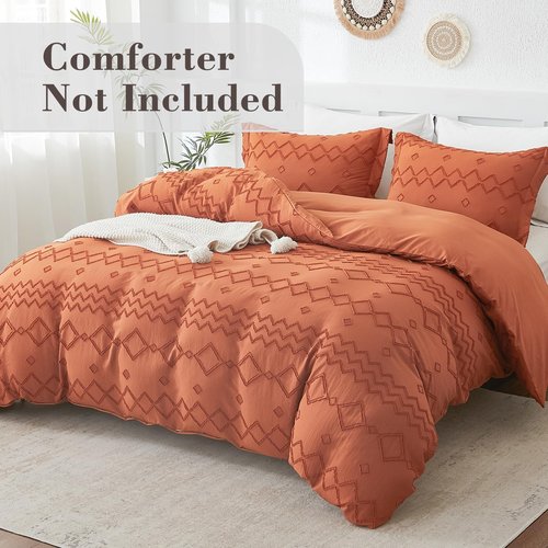 EMME Duvet Cover Set Microfiber, Tufted King Duvet Cover Set, Boho Bedding Sets for All Seasons, 3 Pieces Embroidery Chic Duvet Cover Full, 1 Duvet Cover + 2 Pillowcases (Pumpkin, King)