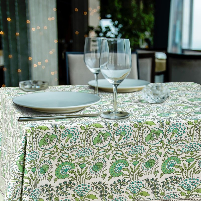 Newtay 60'' x 60'' Cotton Tablecloth Handmade Cotton Floral Tablecloth Washable Print Rectangle Table Cover with Dust Proof Wrinkle Resistant for Kitchen Dining Party Buffet(Green Pattern, Green)