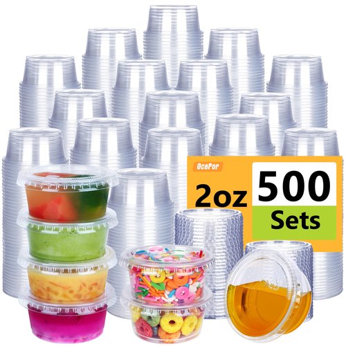 OcePor 2oz 500 Sets Jello Shot Cups with Lids, Condiment Containers with Lids, Sauce Containers for Salad Dressing, Snacks, Jello, Condiment Cups, Meal Prep Containers (transparent)
