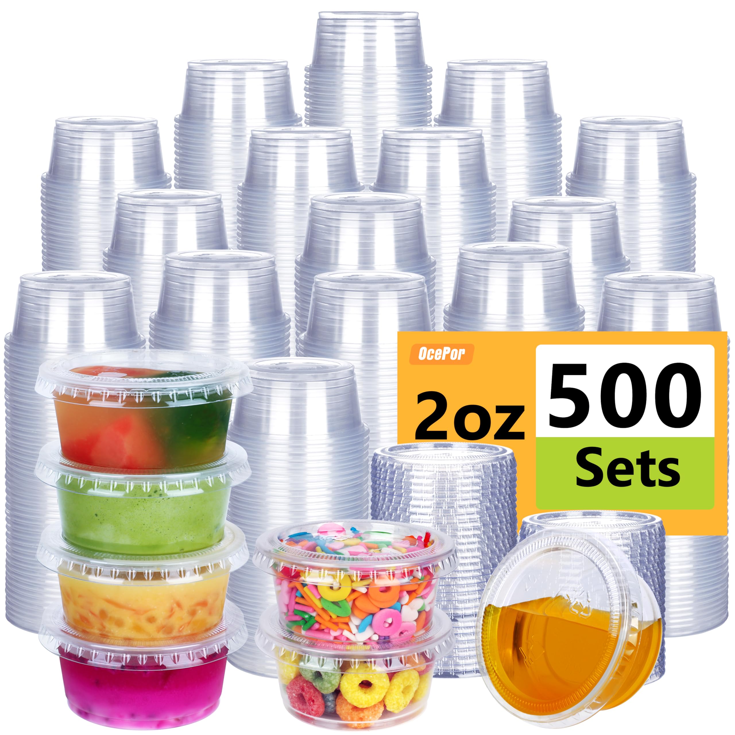 OcePor 2oz 500 Sets Jello Shot Cups with Lids, Condiment Containers with Lids, Sauce Containers for Salad Dressing, Snacks, Jello, Condiment Cups, Meal Prep Containers (transparent)