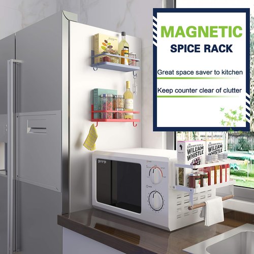 Thipoten Magnetic Spice Rack, Strong Magnetic Shelf with 2 Removable Hooks, Perfect Space Saver for Small Kitchen/Apartment, Awesome Metal Cabinet for Holding Spices, Jars, Bottle, Beve(Grey, 2Pack)