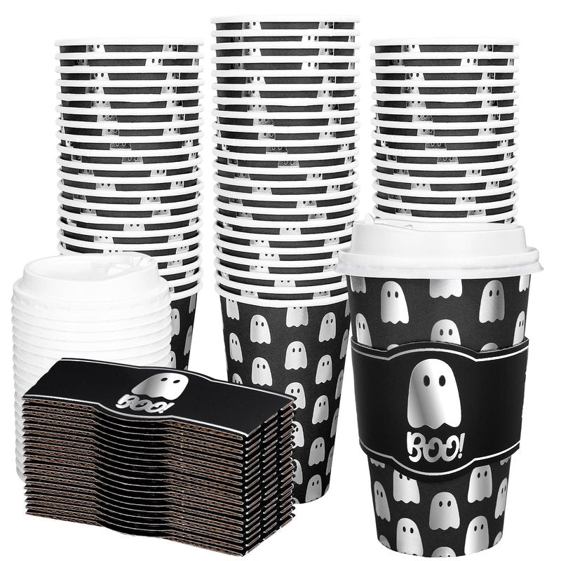 Whaline 50Pcs 16Oz Halloween Disposable Coffee Cups with Lids and Sleeves Spooky Foil Silver Ghost Boo Paper Drinking Cup for Trick or Treat Birthday Party Supplies