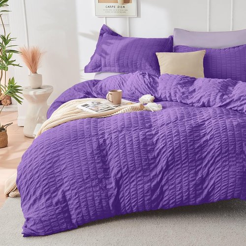 HYMOKEGE King Size Comforter Set - Dark Purple & Lavender Seersucker | 7-Piece All-Season Luxury Bedding Set
