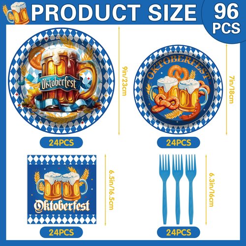 VorkiVecKi Oktoberfest Party Supplies Plates - 96 Pcs Bavarian Paper Plate Set Napkins Forks Tableware Disposable Serving, Blue Flag Check Party Decorations for Men German Beer Festival Celebrations