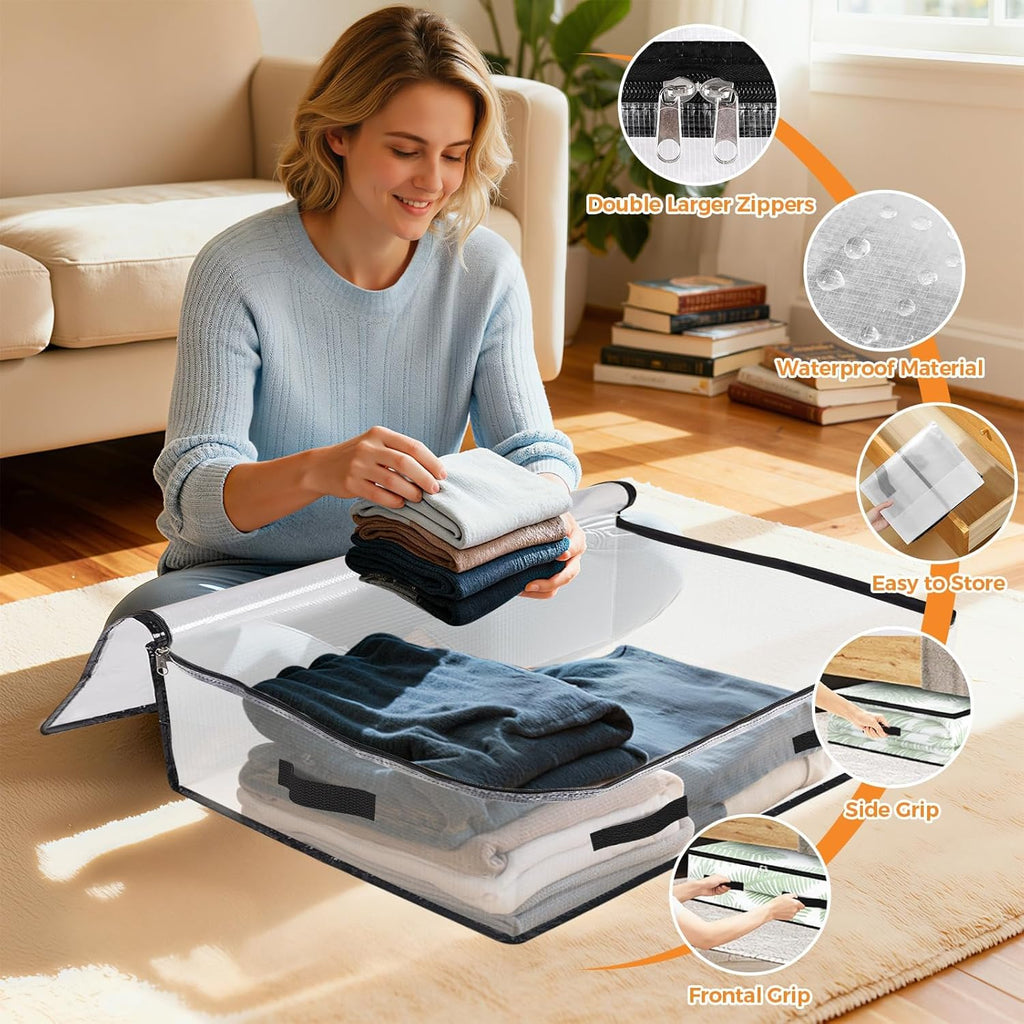 Skiennix 6 Pack Under Bed Storage Bags - 60L Foldable Clear Containers with Dual Zippers & Handles