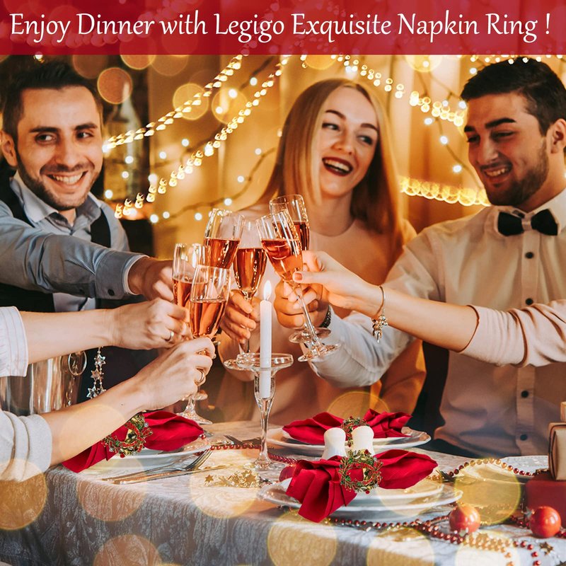 Legigo Set of 6 Christmas Wreath Napkin Rings Set- Metal Xmas Napkin Ring Holders for Cloth Napkins, Christmas Holiday Party Dinner Table Decoration