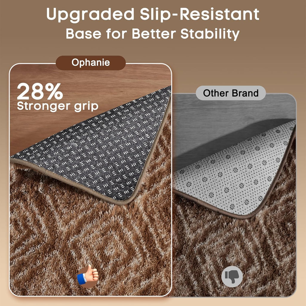 Ophanie Brown & White Diamond Striped Rug - Fluffy Shag 9x12 for Living Room & Bedroom Decor